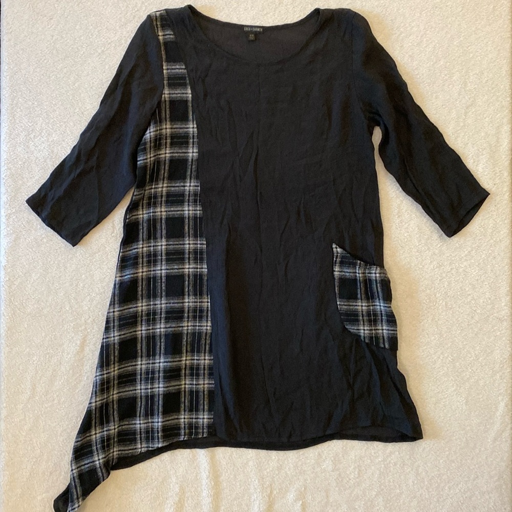 Coco + Carmen Women’s Tunic Top Size S/M Black Plaid Asymmetrical Pocket Top